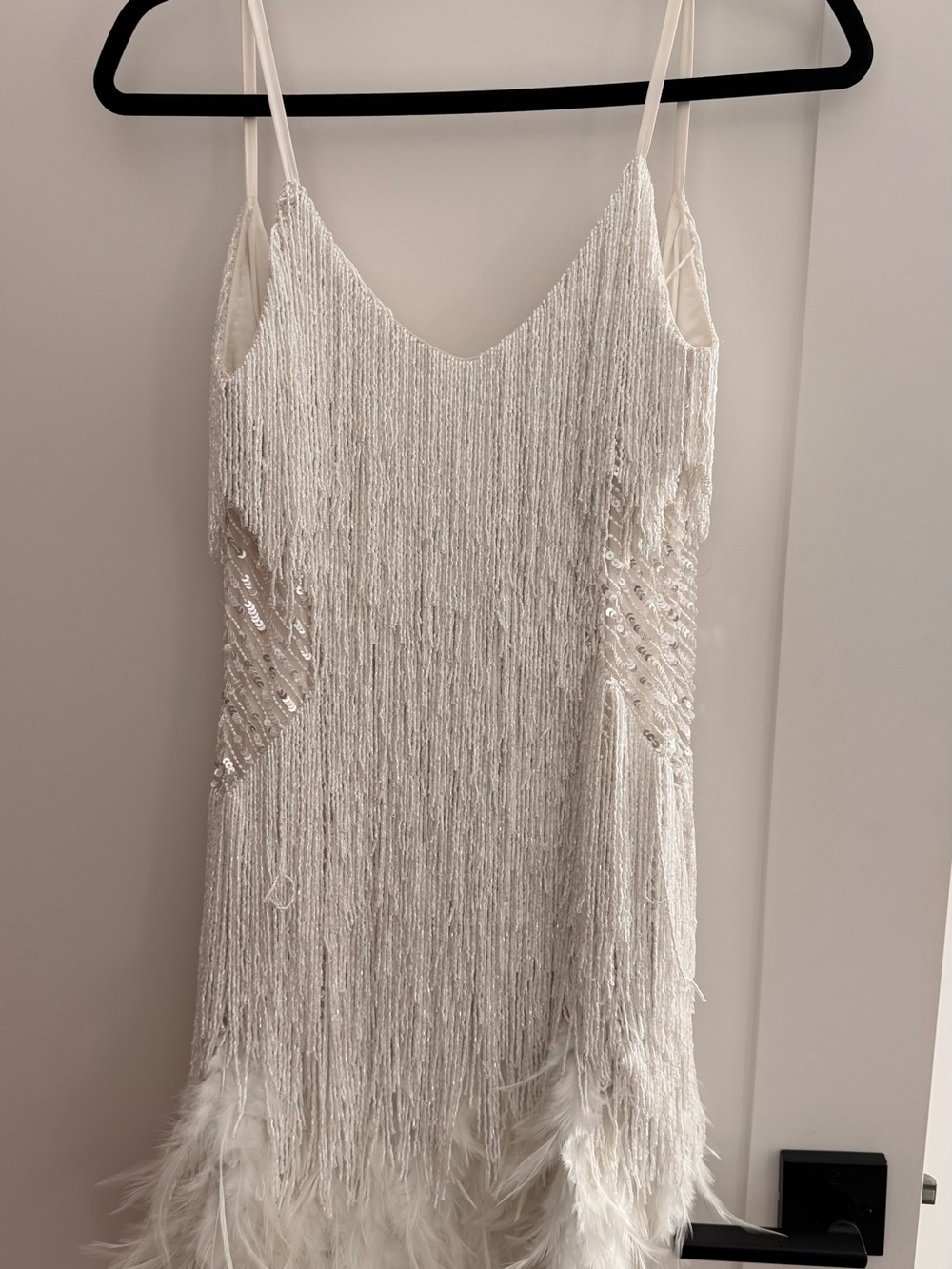 NADINE MERABI Ivory Beaded Fringe Feather Hem Mini Dress